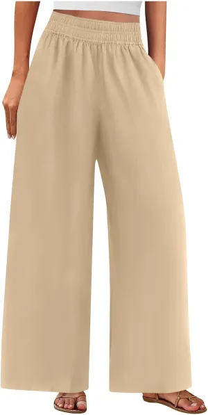 Linen Pants for Women Pleated Wide Leg Womens Lounge Pants Summer Flowy Beach Casual Loose Trousers with Pockets