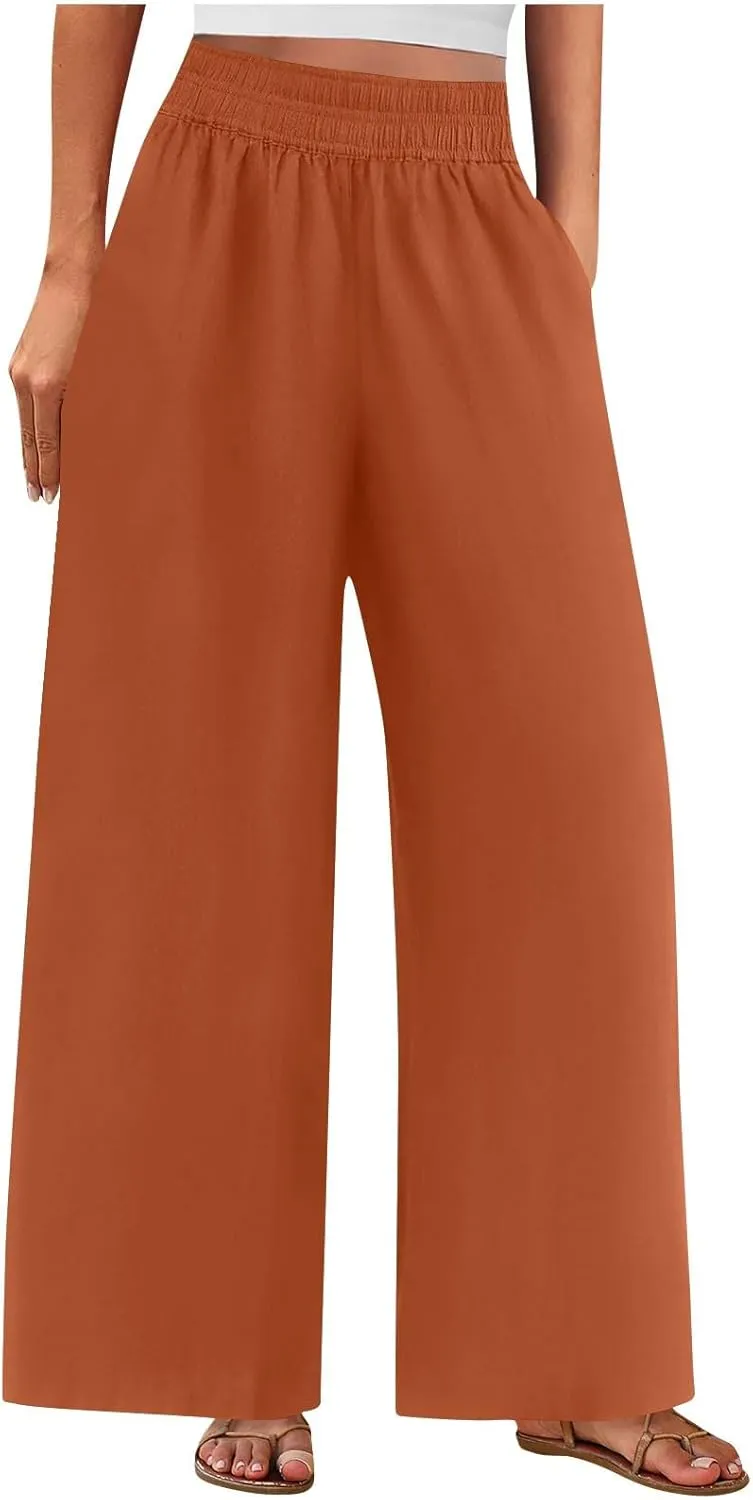 Linen Pants for Women Pleated Wide Leg Womens Lounge Pants Summer Flowy Beach Casual Loose Trousers with Pockets