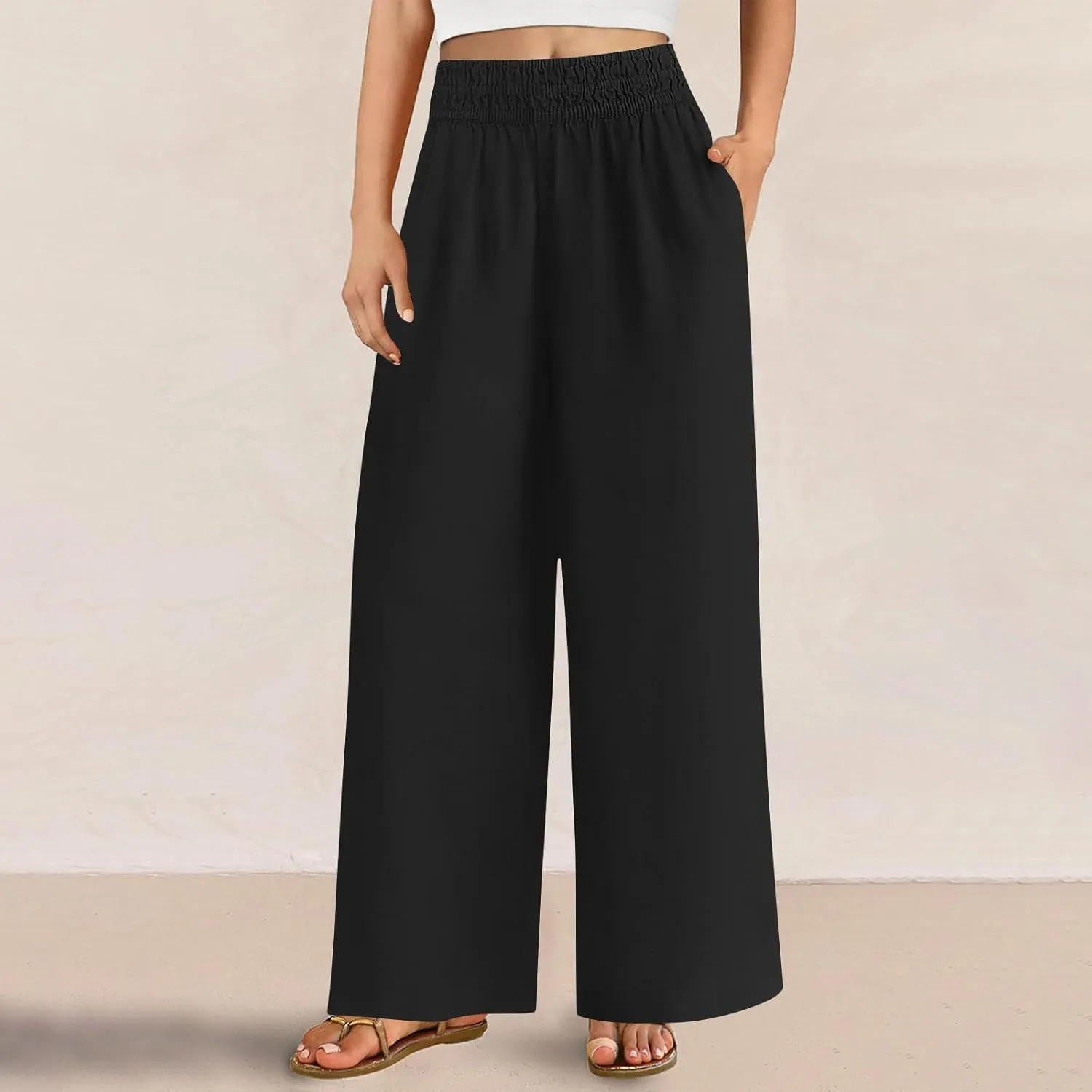 Linen Pants for Women Pleated Wide Leg Womens Lounge Pants Summer Flowy Beach Casual Loose Trousers with Pockets