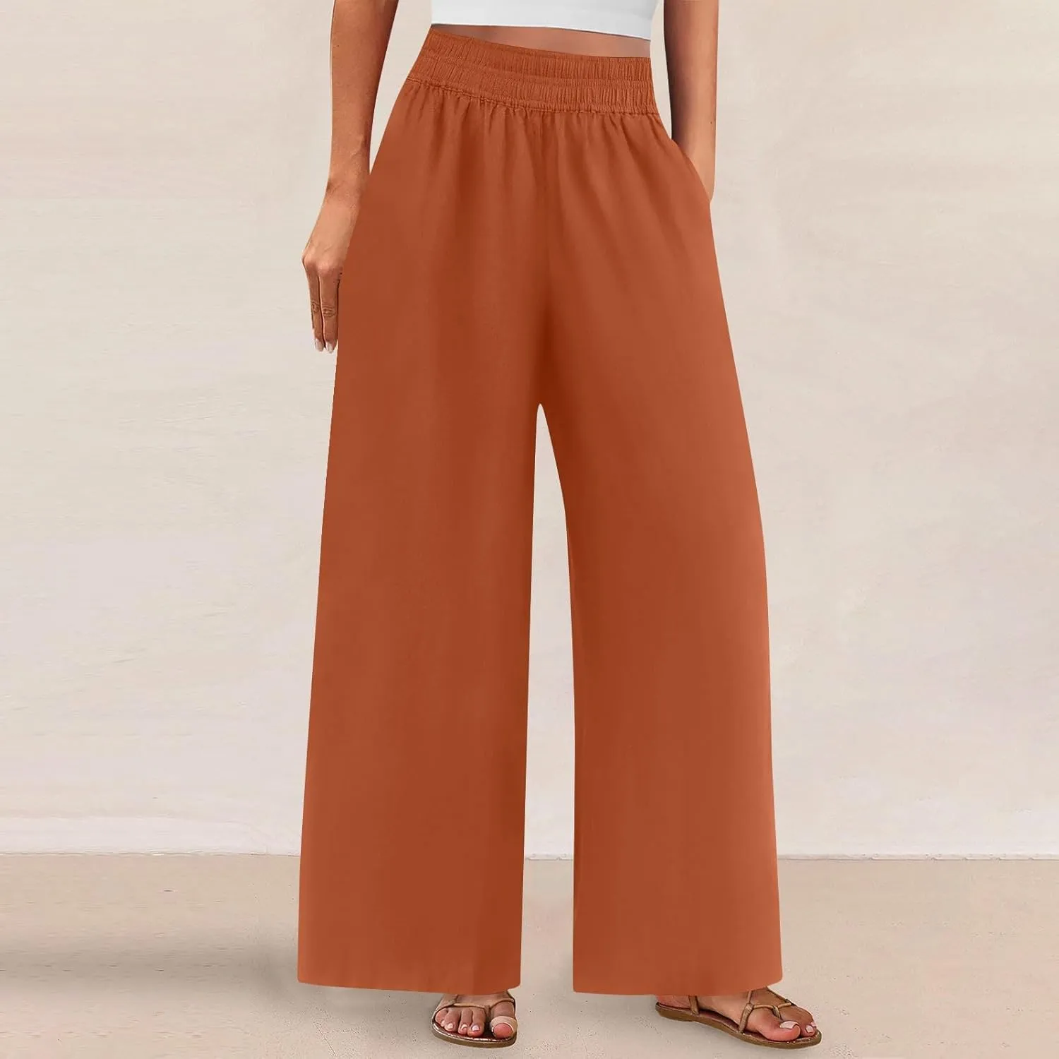Linen Pants for Women Pleated Wide Leg Womens Lounge Pants Summer Flowy Beach Casual Loose Trousers with Pockets