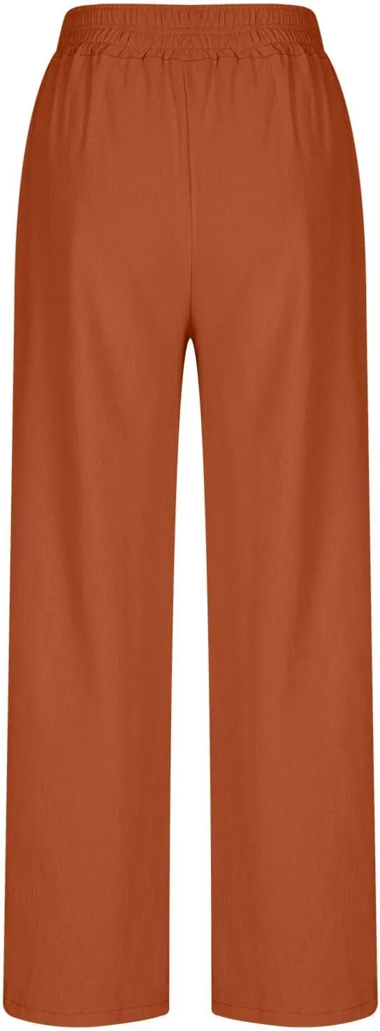 Linen Pants for Women Pleated Wide Leg Womens Lounge Pants Summer Flowy Beach Casual Loose Trousers with Pockets