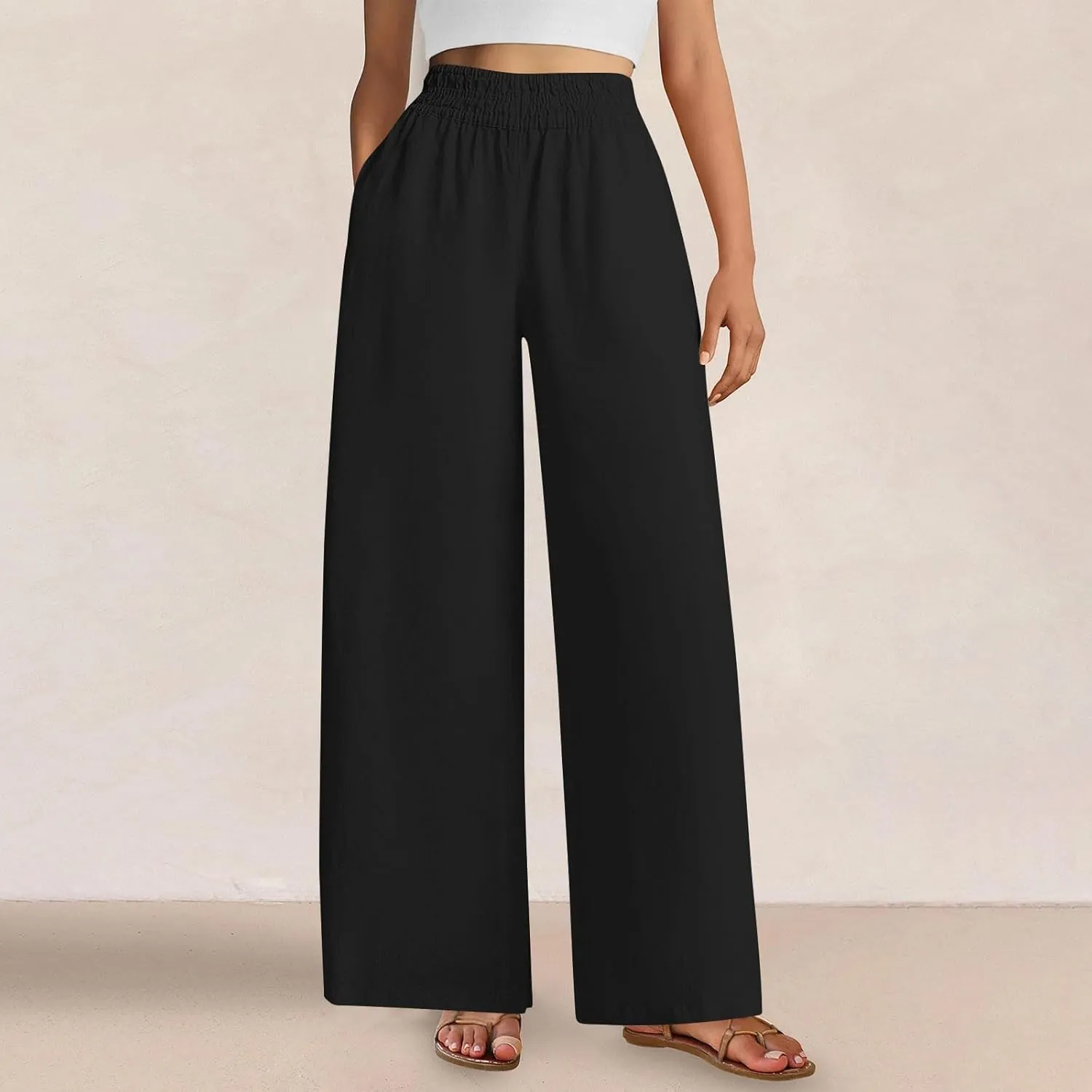 Linen Pants for Women Pleated Wide Leg Womens Lounge Pants Summer Flowy Beach Casual Loose Trousers with Pockets