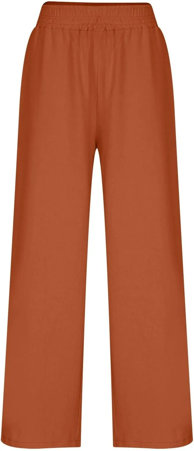 Linen Pants for Women Pleated Wide Leg Womens Lounge Pants Summer Flowy Beach Casual Loose Trousers with Pockets