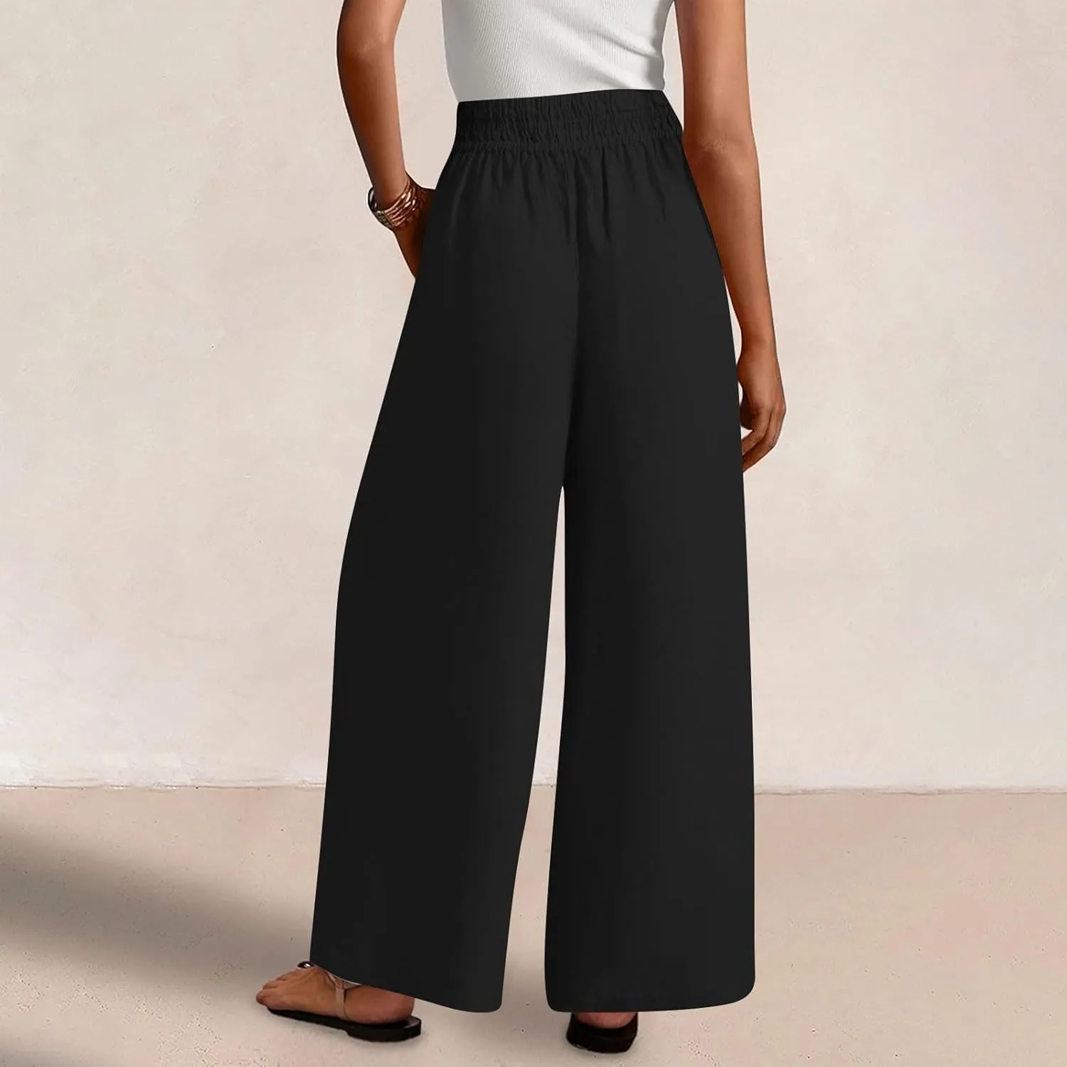 Linen Pants for Women Pleated Wide Leg Womens Lounge Pants Summer Flowy Beach Casual Loose Trousers with Pockets