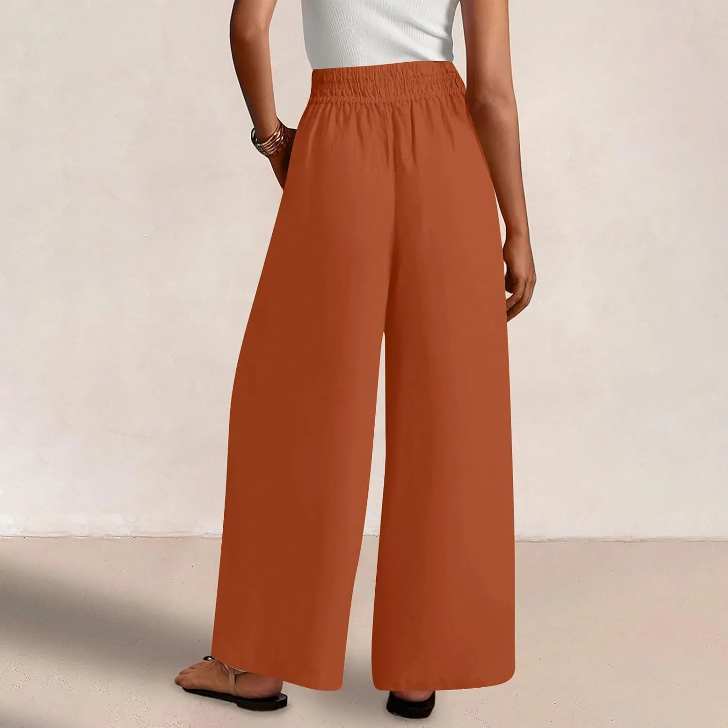 Linen Pants for Women Pleated Wide Leg Womens Lounge Pants Summer Flowy Beach Casual Loose Trousers with Pockets