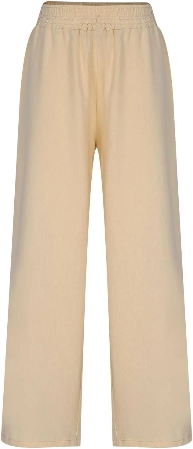 Linen Pants for Women Pleated Wide Leg Womens Lounge Pants Summer Flowy Beach Casual Loose Trousers with Pockets