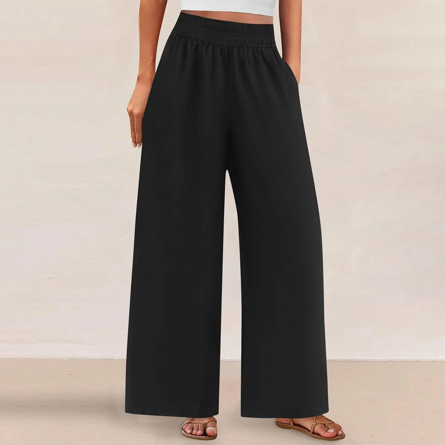 Linen Pants for Women Pleated Wide Leg Womens Lounge Pants Summer Flowy Beach Casual Loose Trousers with Pockets