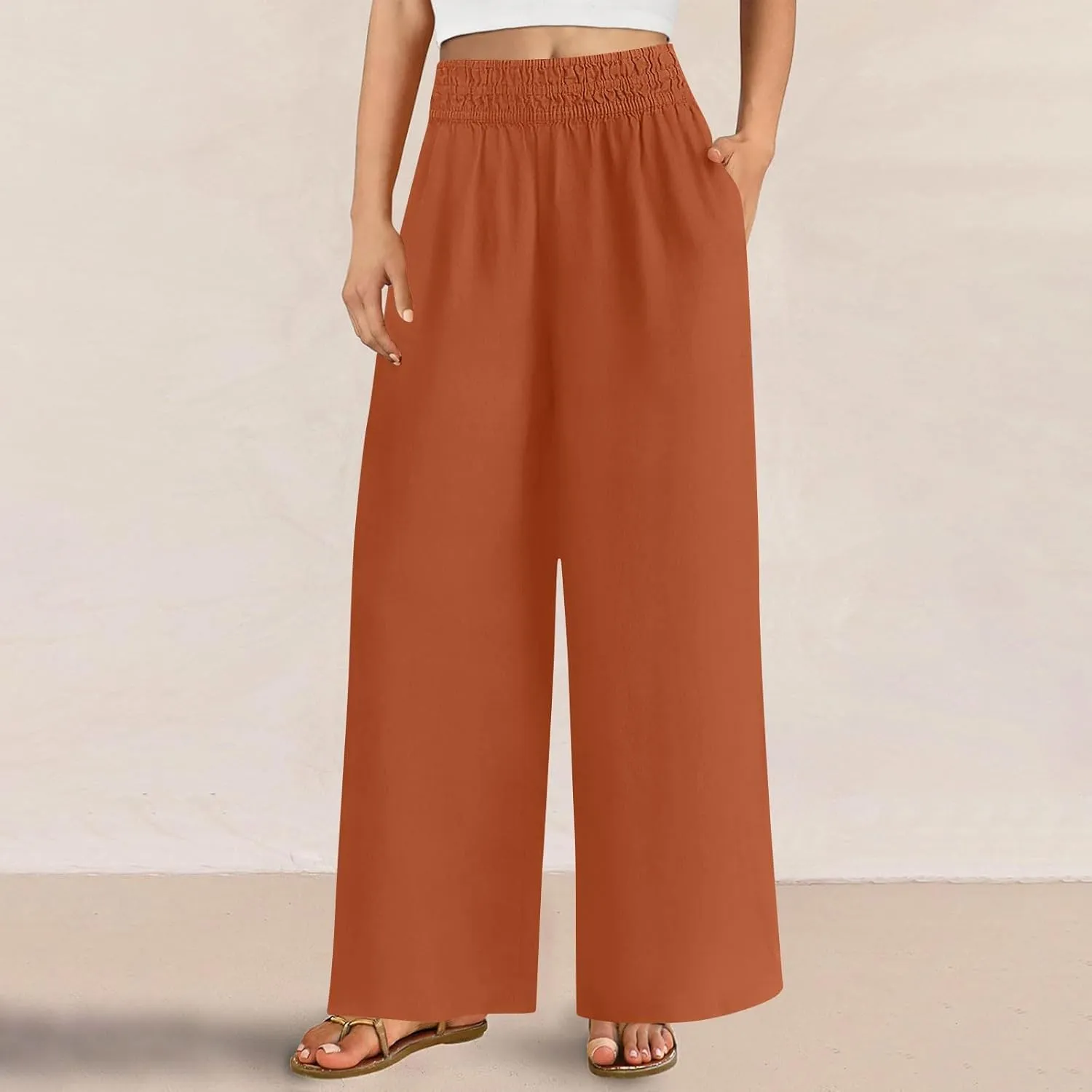 Linen Pants for Women Pleated Wide Leg Womens Lounge Pants Summer Flowy Beach Casual Loose Trousers with Pockets