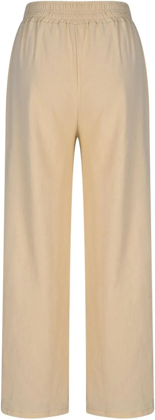 Linen Pants for Women Pleated Wide Leg Womens Lounge Pants Summer Flowy Beach Casual Loose Trousers with Pockets