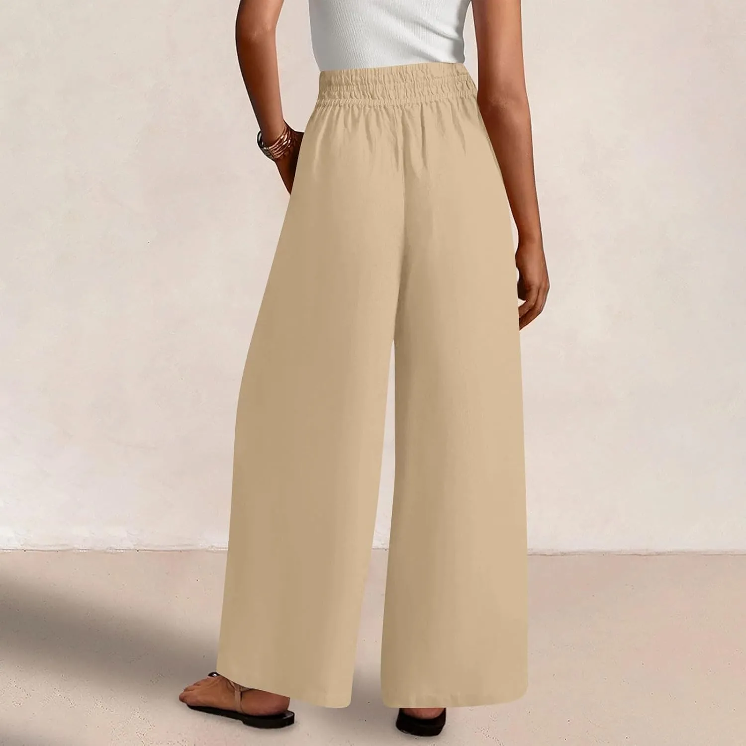 Linen Pants for Women Pleated Wide Leg Womens Lounge Pants Summer Flowy Beach Casual Loose Trousers with Pockets