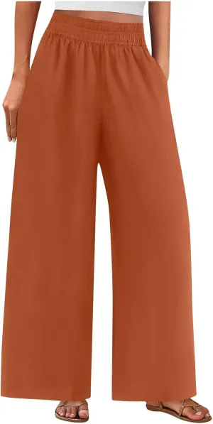 Linen Pants for Women Pleated Wide Leg Womens Lounge Pants Summer Flowy Beach Casual Loose Trousers with Pockets