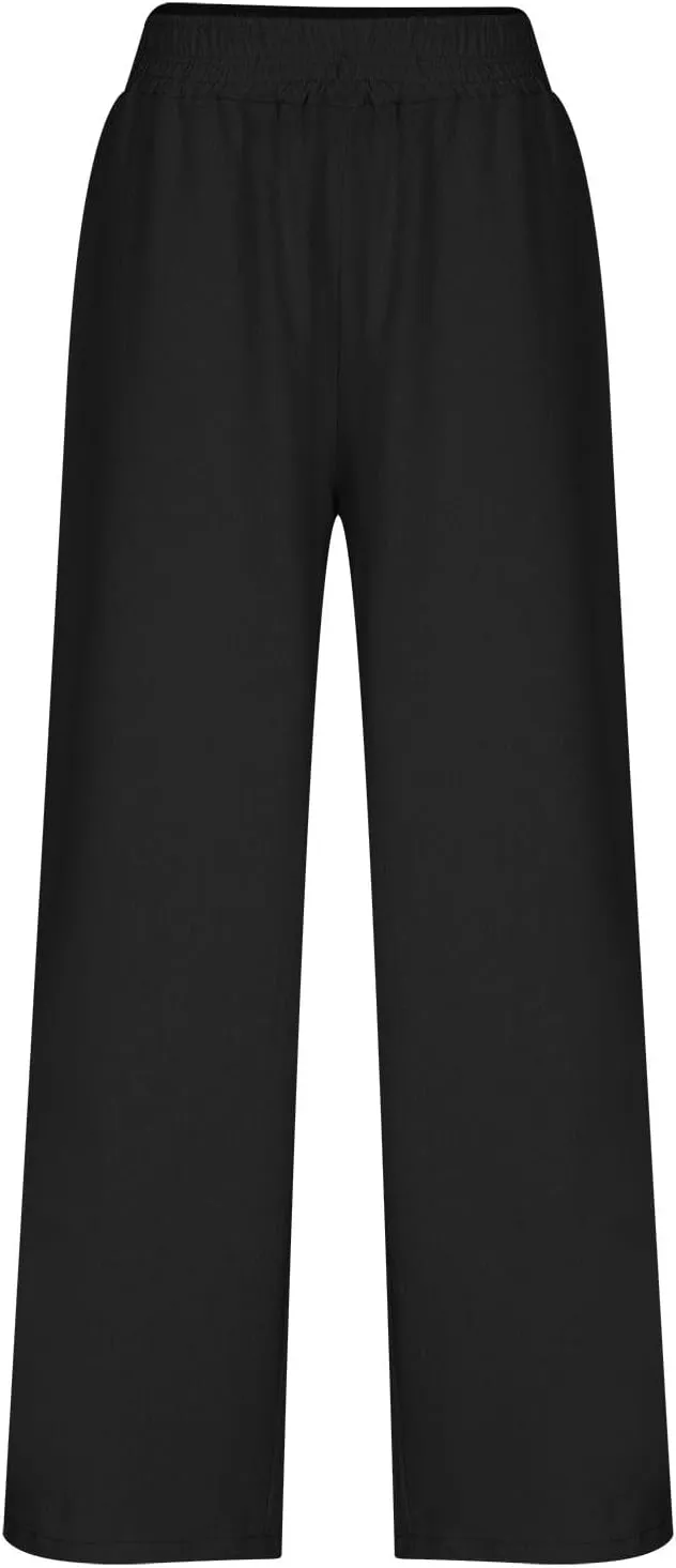Linen Pants for Women Pleated Wide Leg Womens Lounge Pants Summer Flowy Beach Casual Loose Trousers with Pockets