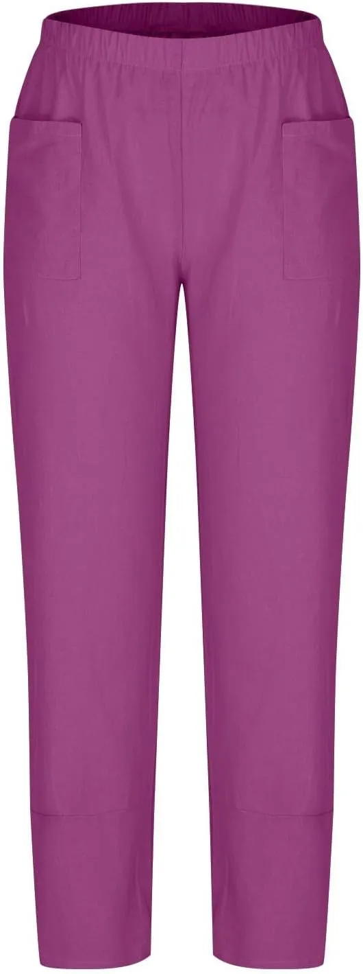 Linen Pants for Women Pleated Womens Summer Pants with Pockets Casual Elastic Waist Lantern Slacks Loose Fit Trousers