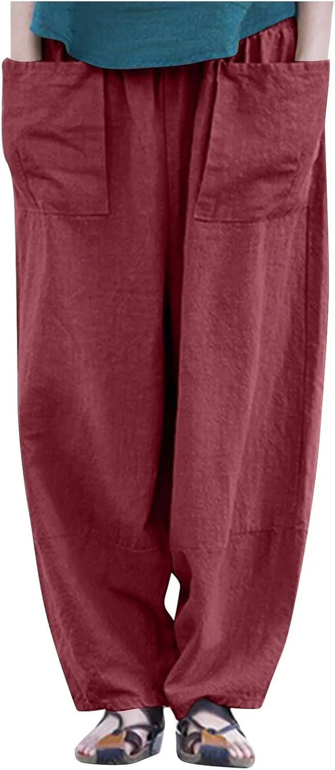 Linen Pants for Women Pleated Womens Summer Pants with Pockets Casual Elastic Waist Lantern Slacks Loose Fit Trousers