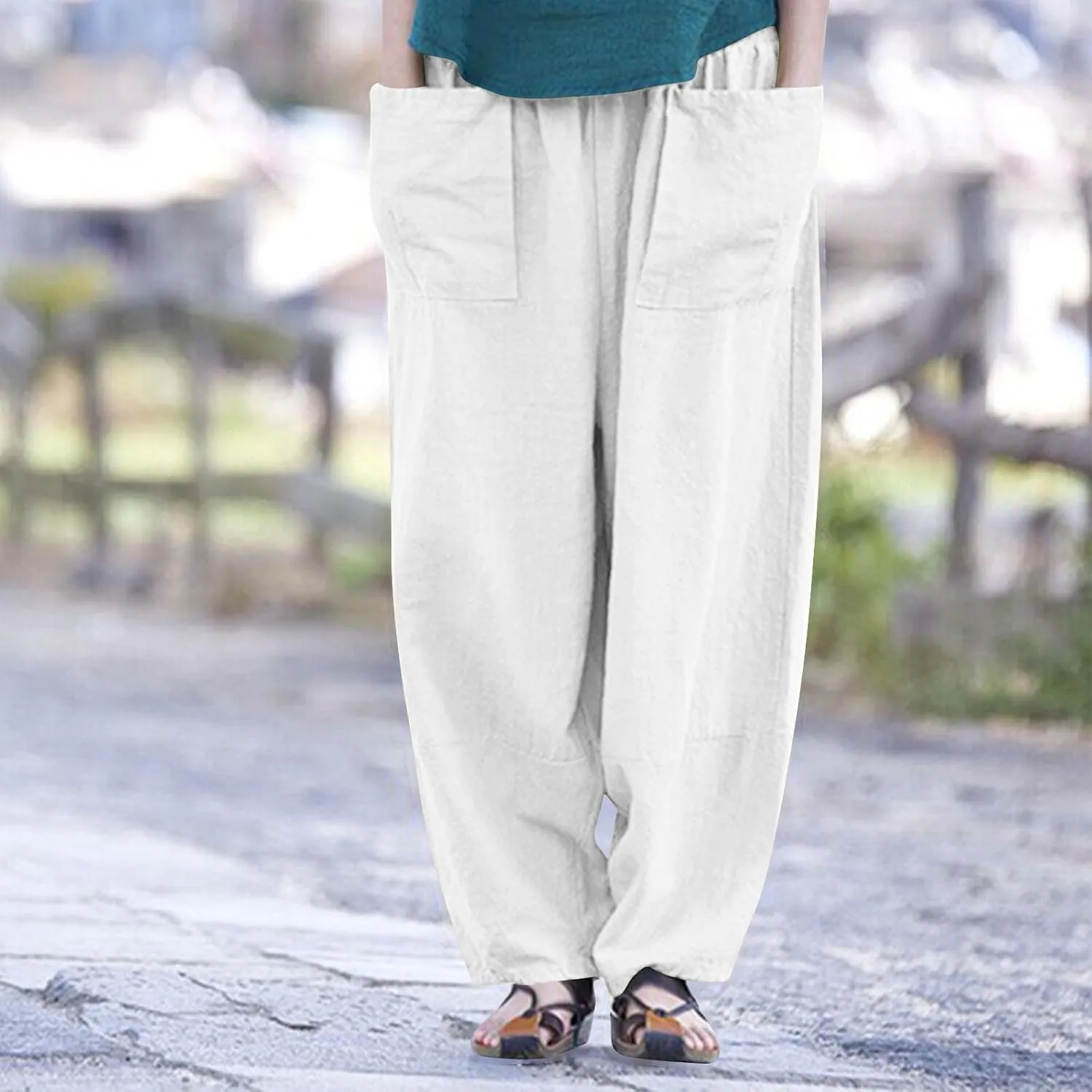 Linen Pants for Women Pleated Womens Summer Pants with Pockets Casual Elastic Waist Lantern Slacks Loose Fit Trousers