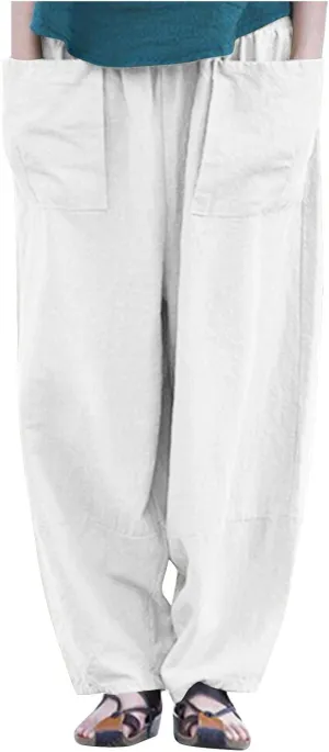 Linen Pants for Women Pleated Womens Summer Pants with Pockets Casual Elastic Waist Lantern Slacks Loose Fit Trousers