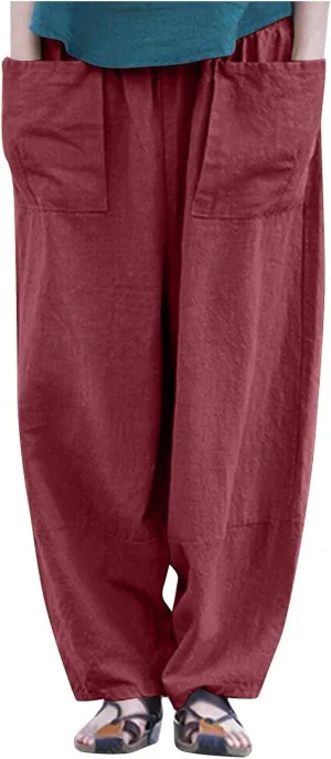 Linen Pants for Women Pleated Womens Summer Pants with Pockets Casual Elastic Waist Lantern Slacks Loose Fit Trousers