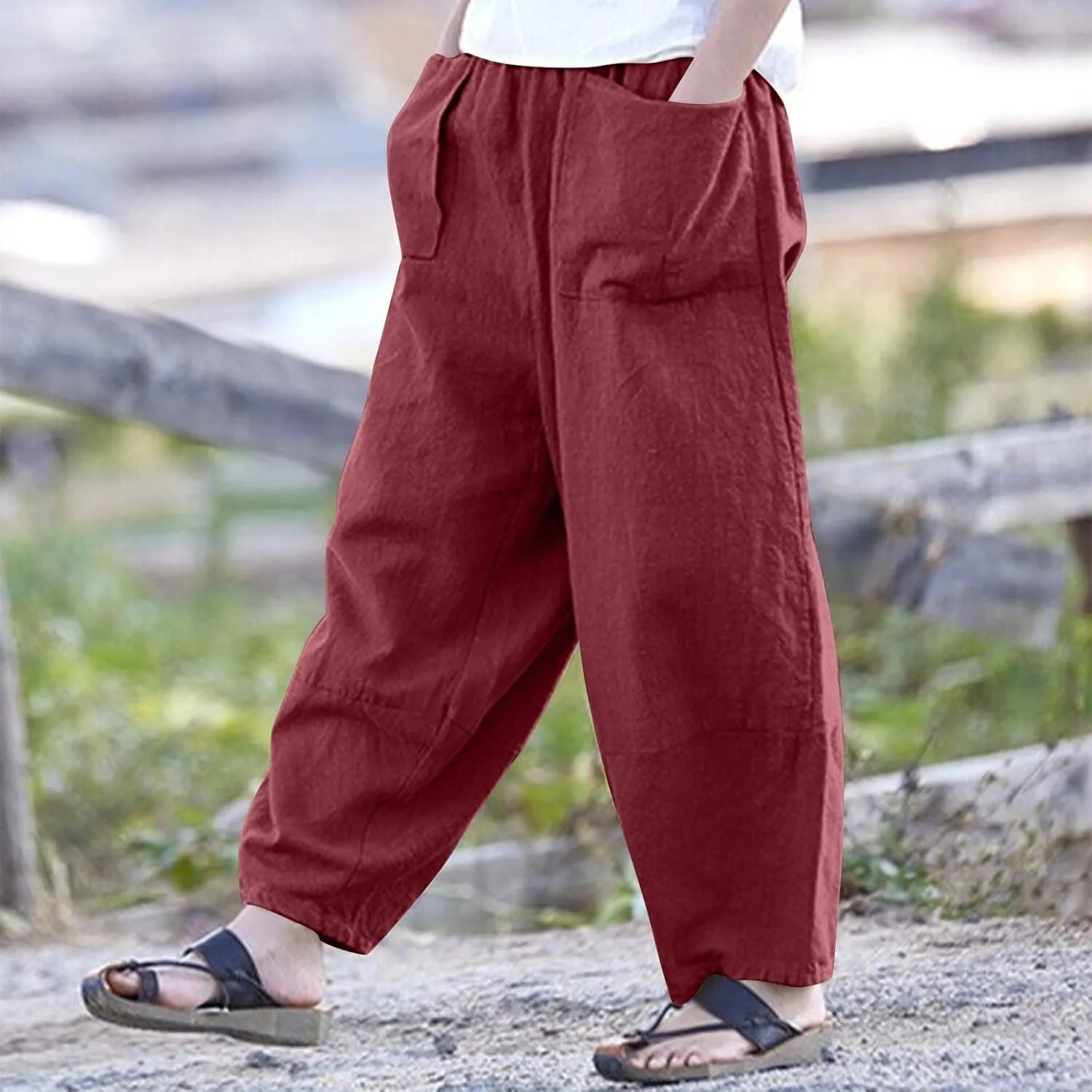 Linen Pants for Women Pleated Womens Summer Pants with Pockets Casual Elastic Waist Lantern Slacks Loose Fit Trousers