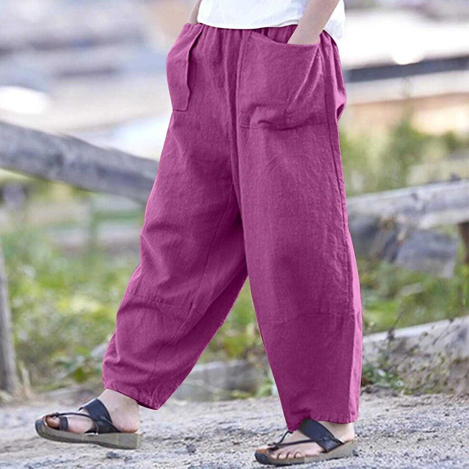 Linen Pants for Women Pleated Womens Summer Pants with Pockets Casual Elastic Waist Lantern Slacks Loose Fit Trousers