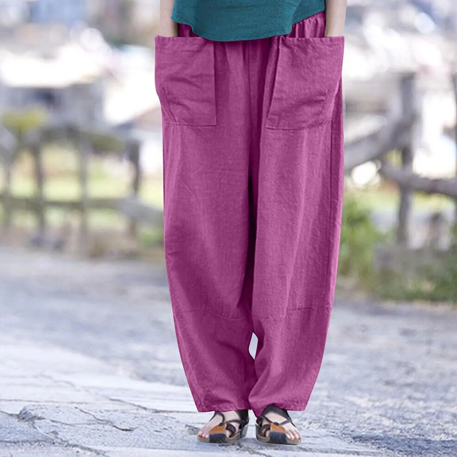 Linen Pants for Women Pleated Womens Summer Pants with Pockets Casual Elastic Waist Lantern Slacks Loose Fit Trousers