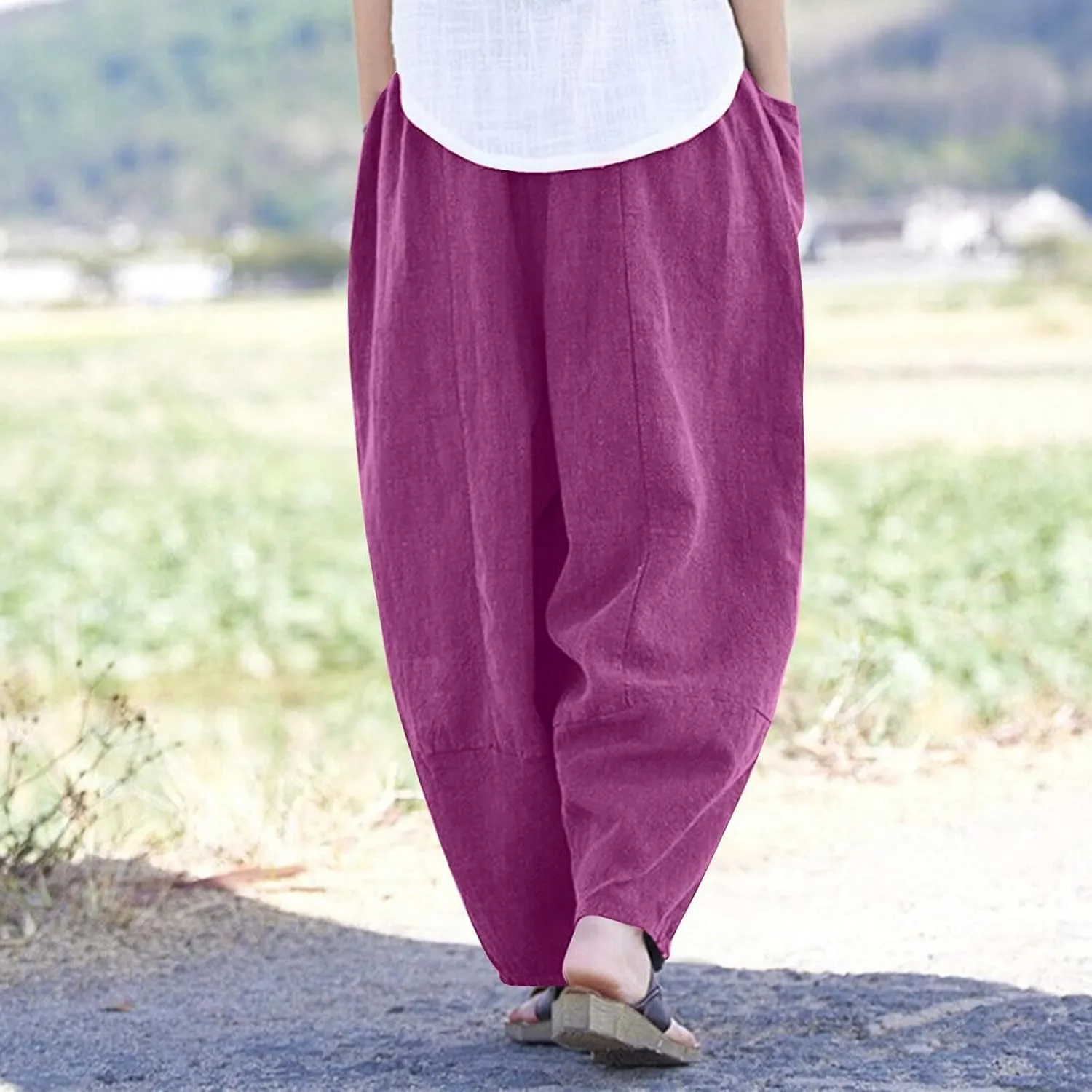 Linen Pants for Women Pleated Womens Summer Pants with Pockets Casual Elastic Waist Lantern Slacks Loose Fit Trousers