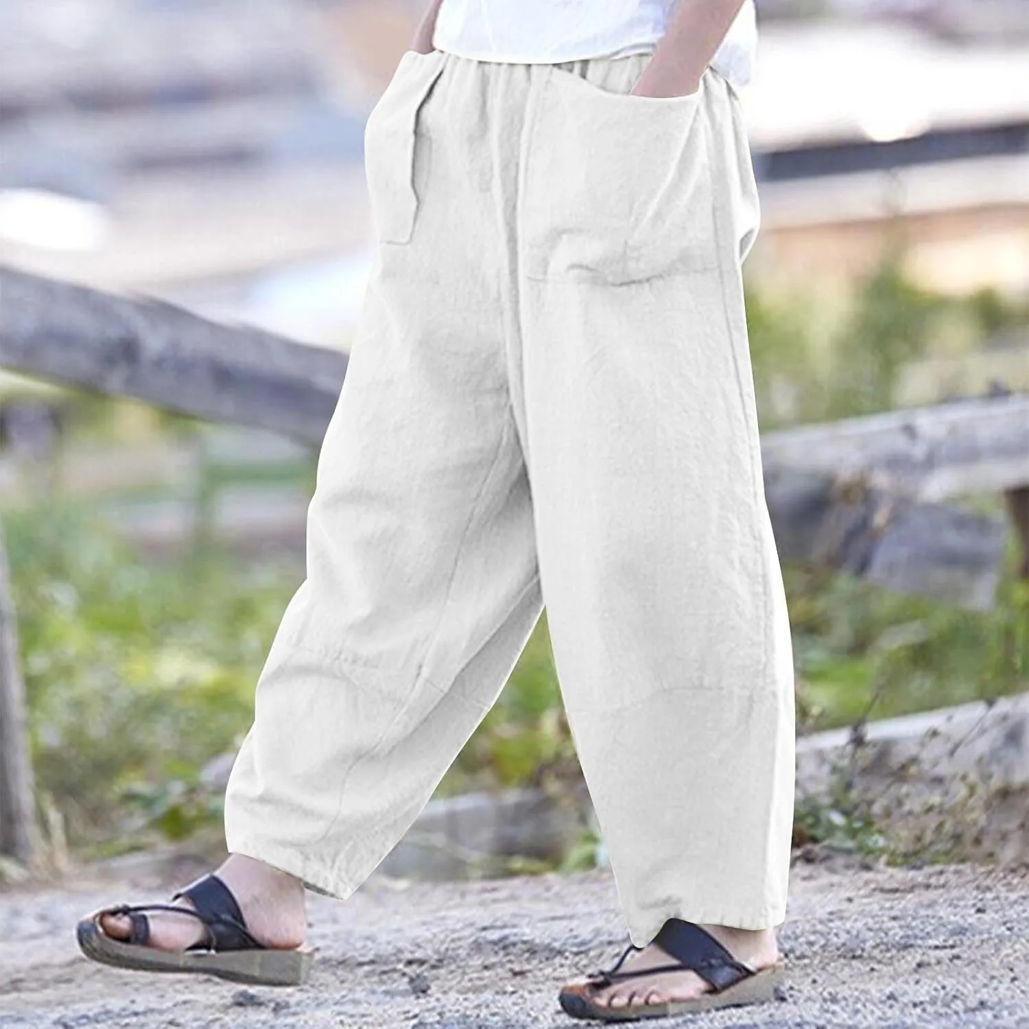 Linen Pants for Women Pleated Womens Summer Pants with Pockets Casual Elastic Waist Lantern Slacks Loose Fit Trousers