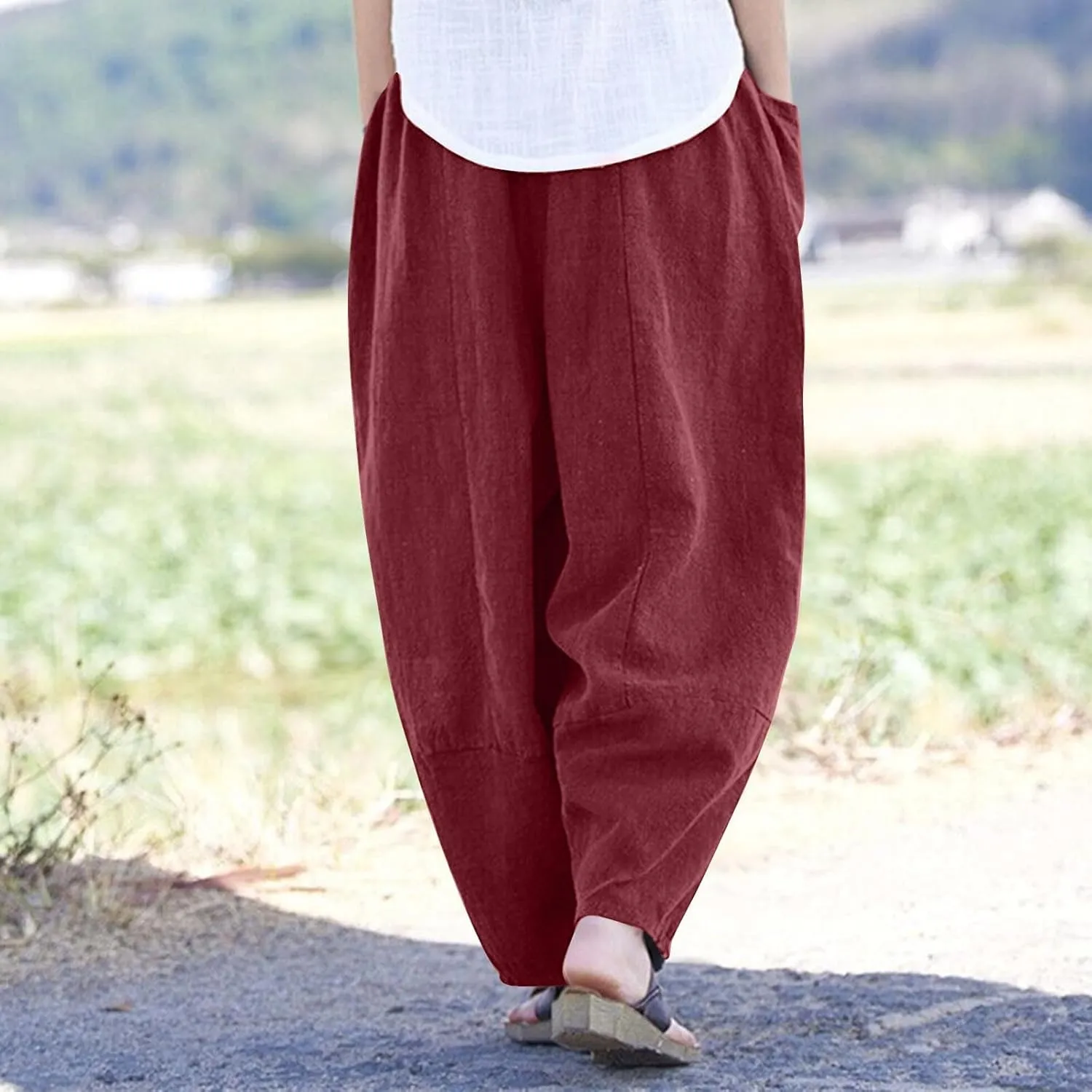Linen Pants for Women Pleated Womens Summer Pants with Pockets Casual Elastic Waist Lantern Slacks Loose Fit Trousers