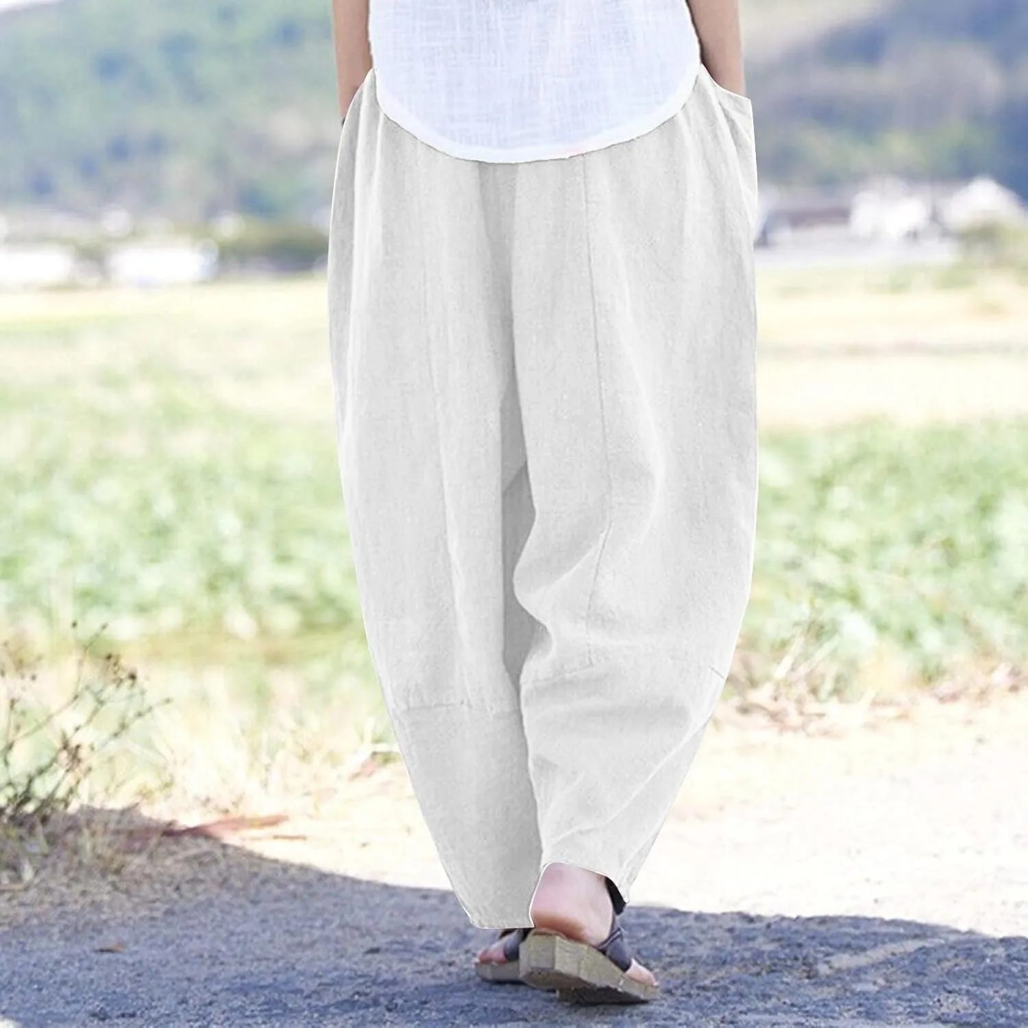 Linen Pants for Women Pleated Womens Summer Pants with Pockets Casual Elastic Waist Lantern Slacks Loose Fit Trousers