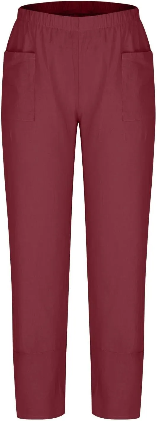 Linen Pants for Women Pleated Womens Summer Pants with Pockets Casual Elastic Waist Lantern Slacks Loose Fit Trousers