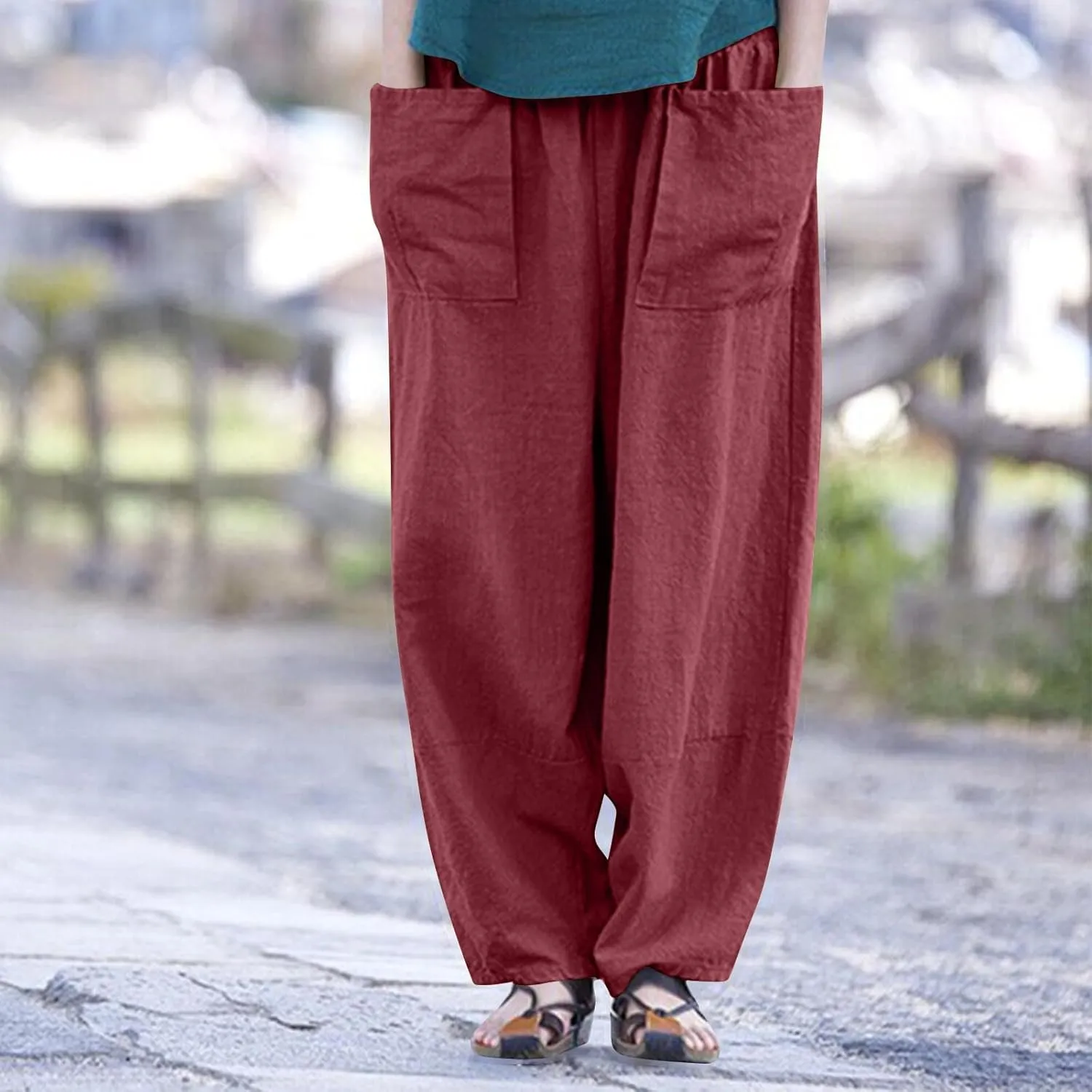 Linen Pants for Women Pleated Womens Summer Pants with Pockets Casual Elastic Waist Lantern Slacks Loose Fit Trousers