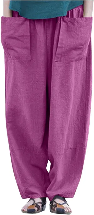 Linen Pants for Women Pleated Womens Summer Pants with Pockets Casual Elastic Waist Lantern Slacks Loose Fit Trousers
