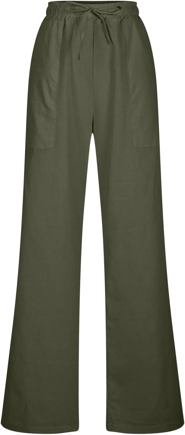 Linen Pants for Women Straight Leg Womens Lounge Pants with Pockets Solid Color Elastic Waisted Beach Summer Trousers