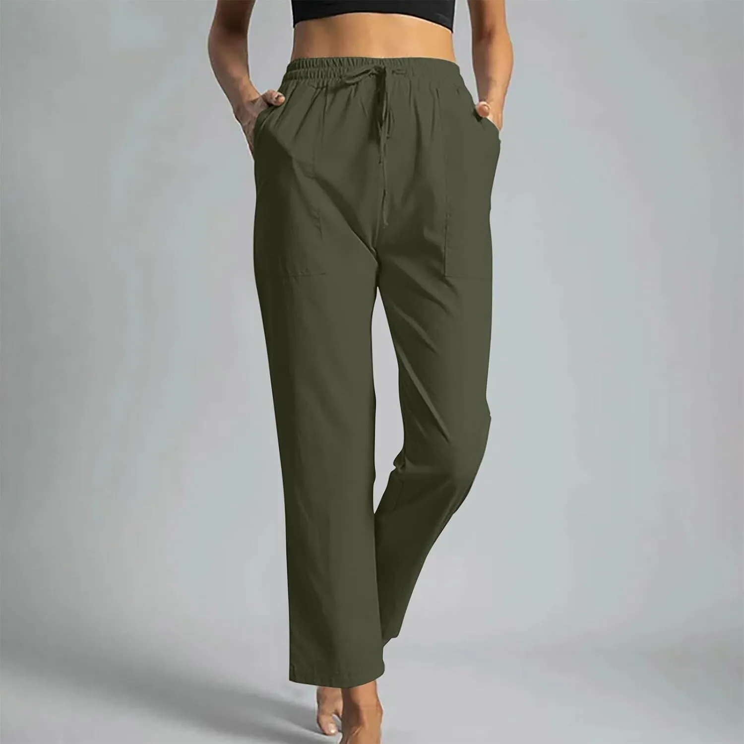 Linen Pants for Women Straight Leg Womens Lounge Pants with Pockets Solid Color Elastic Waisted Beach Summer Trousers