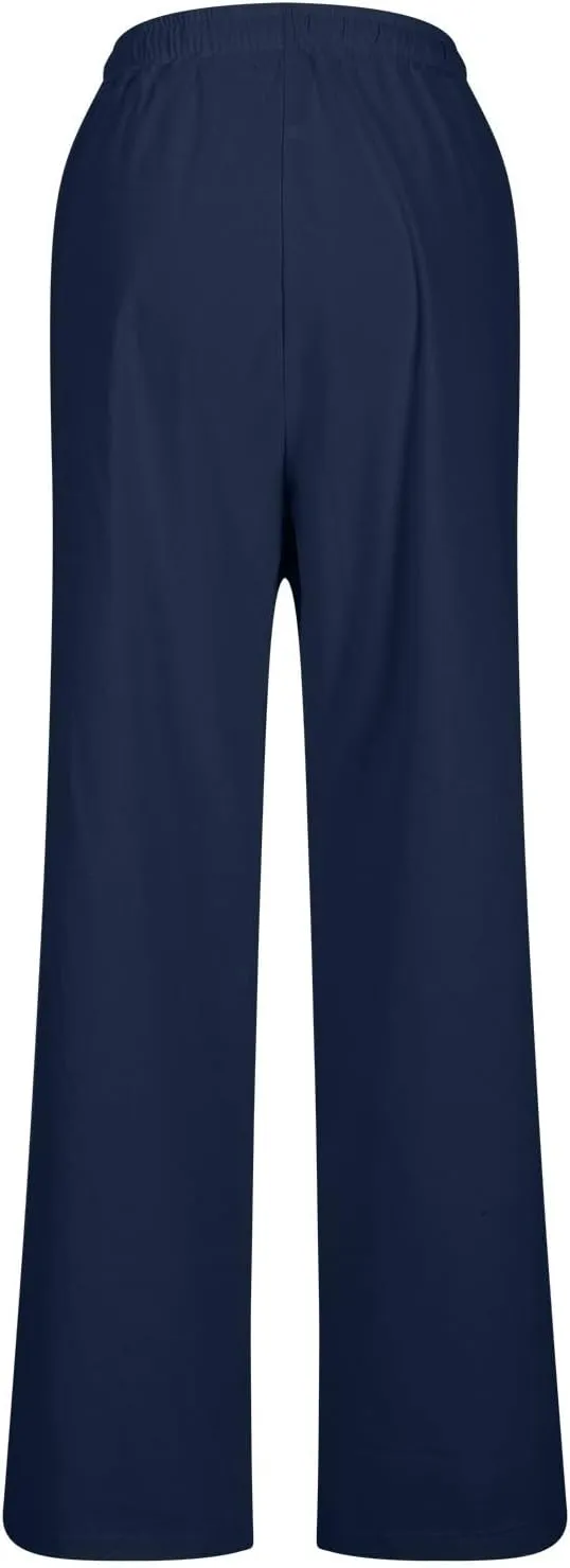 Linen Pants for Women Straight Leg Womens Lounge Pants with Pockets Solid Color Elastic Waisted Beach Summer Trousers