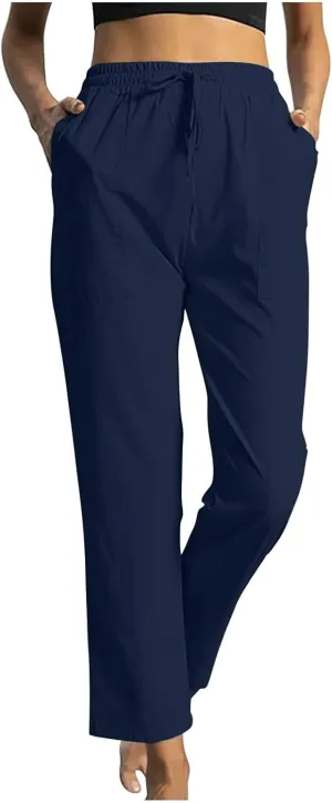 Linen Pants for Women Straight Leg Womens Lounge Pants with Pockets Solid Color Elastic Waisted Beach Summer Trousers