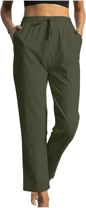 Linen Pants for Women Straight Leg Womens Lounge Pants with Pockets Solid Color Elastic Waisted Beach Summer Trousers