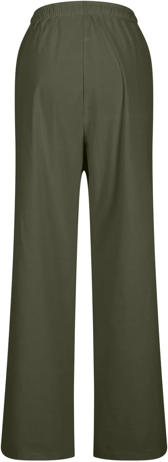 Linen Pants for Women Straight Leg Womens Lounge Pants with Pockets Solid Color Elastic Waisted Beach Summer Trousers