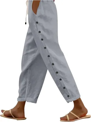 Linen Pants for Women Summer 2024 Striped Casual Elastic High Waist Straight Leg Loose Boho Trendy Trousers Plus Size