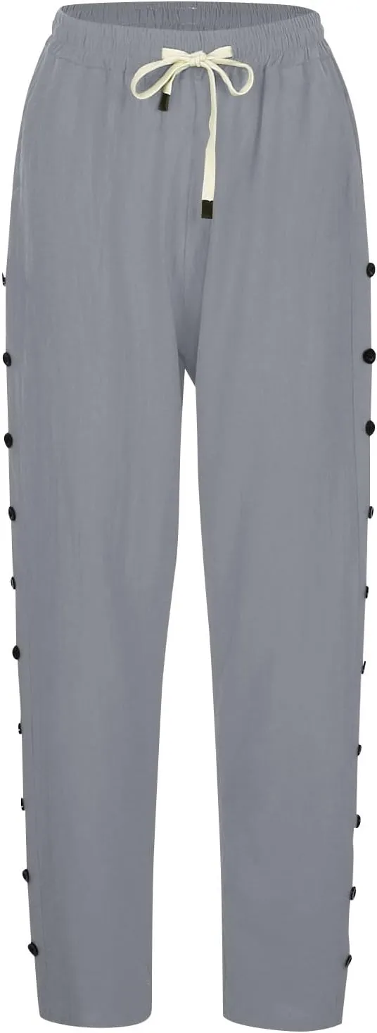 Linen Pants for Women Summer 2024 Striped Casual Elastic High Waist Straight Leg Loose Boho Trendy Trousers Plus Size