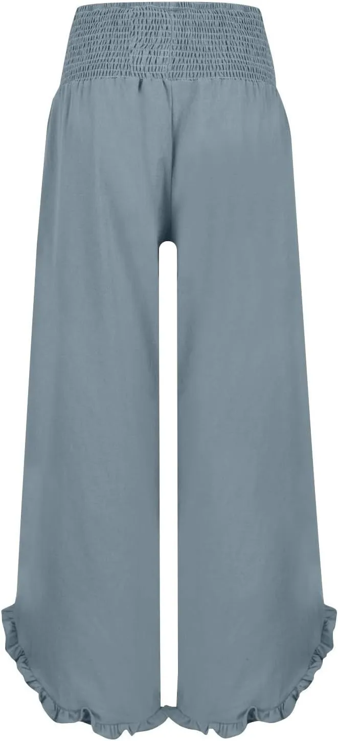 Linen Pants for Women Summer Elastic High Waisted Ruffles Palazzo Pants Pull on Travel Vacation Trousers with Pockets