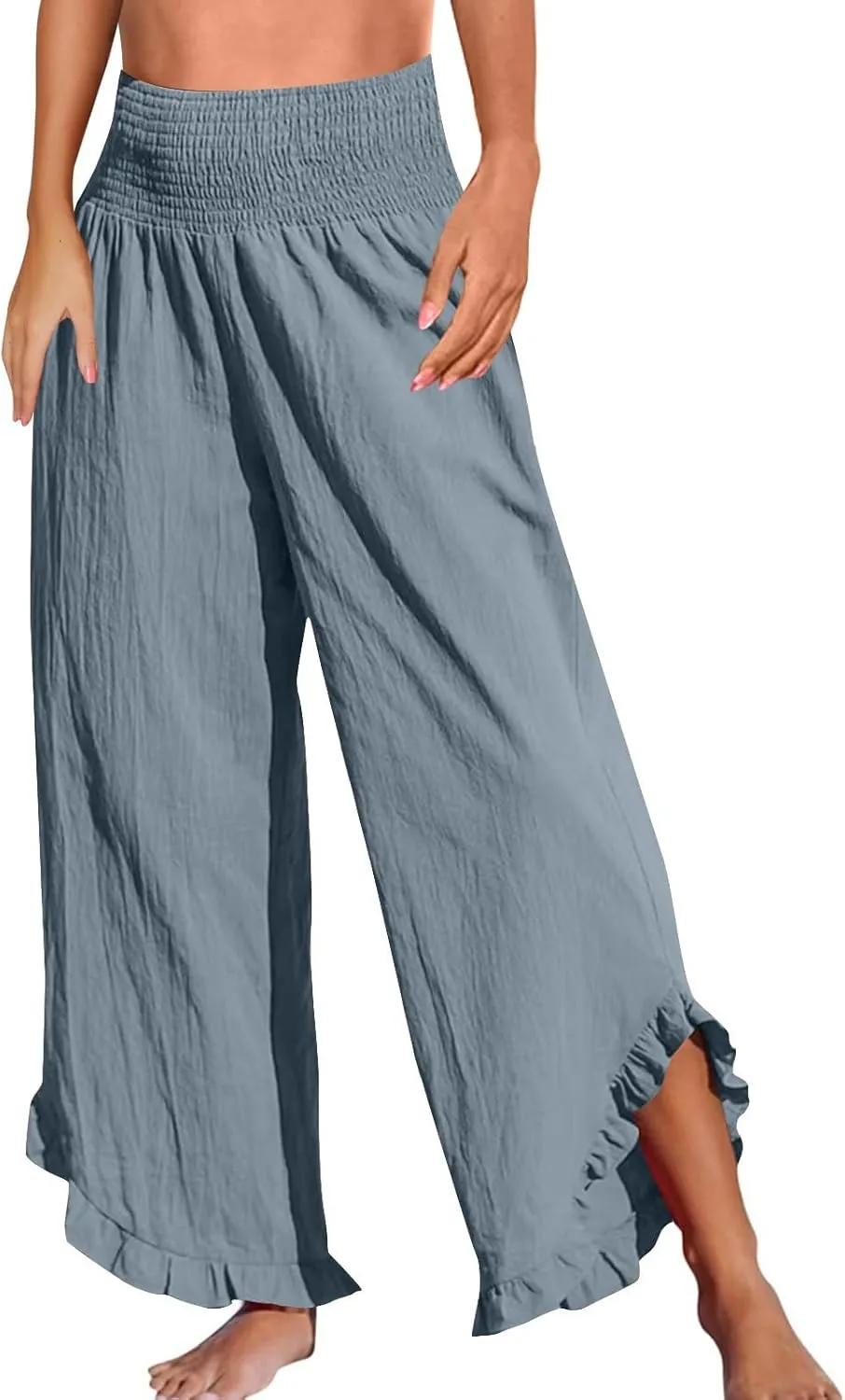 Linen Pants for Women Summer Elastic High Waisted Ruffles Palazzo Pants Pull on Travel Vacation Trousers with Pockets