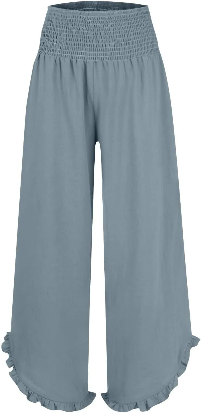 Linen Pants for Women Summer Elastic High Waisted Ruffles Palazzo Pants Pull on Travel Vacation Trousers with Pockets