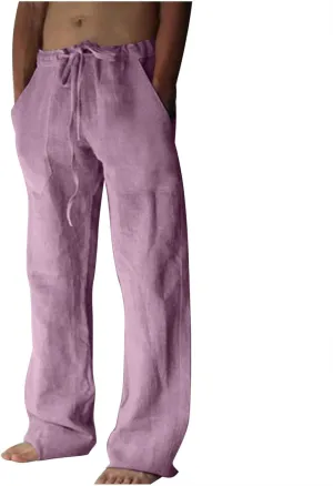 Linen Pants Men Casual Lightweight Loose Summer Beach Pant Elastic Waist Drawstring Wide Leg Yoga Trouser with Pocket