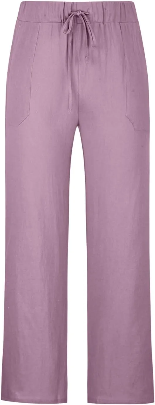 Linen Pants Men Casual Lightweight Loose Summer Beach Pant Elastic Waist Drawstring Wide Leg Yoga Trouser with Pocket