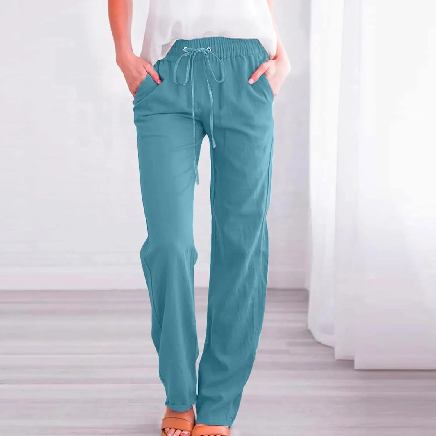 Linen Pants Women Comfy Elastic Waist Long Slim Fit High Waist Palazzo Pants Casual Cotton Lounge Pants with Pockets