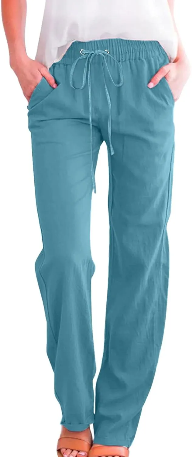 Linen Pants Women Comfy Elastic Waist Long Slim Fit High Waist Palazzo Pants Casual Cotton Lounge Pants with Pockets