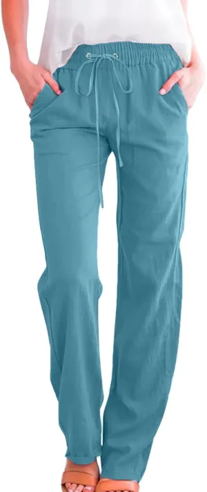 Linen Pants Women Comfy Elastic Waist Long Slim Fit High Waist Palazzo Pants Casual Cotton Lounge Pants with Pockets