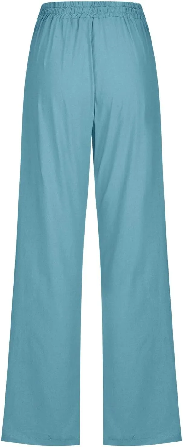 Linen Pants Women Comfy Elastic Waist Long Slim Fit High Waist Palazzo Pants Casual Cotton Lounge Pants with Pockets