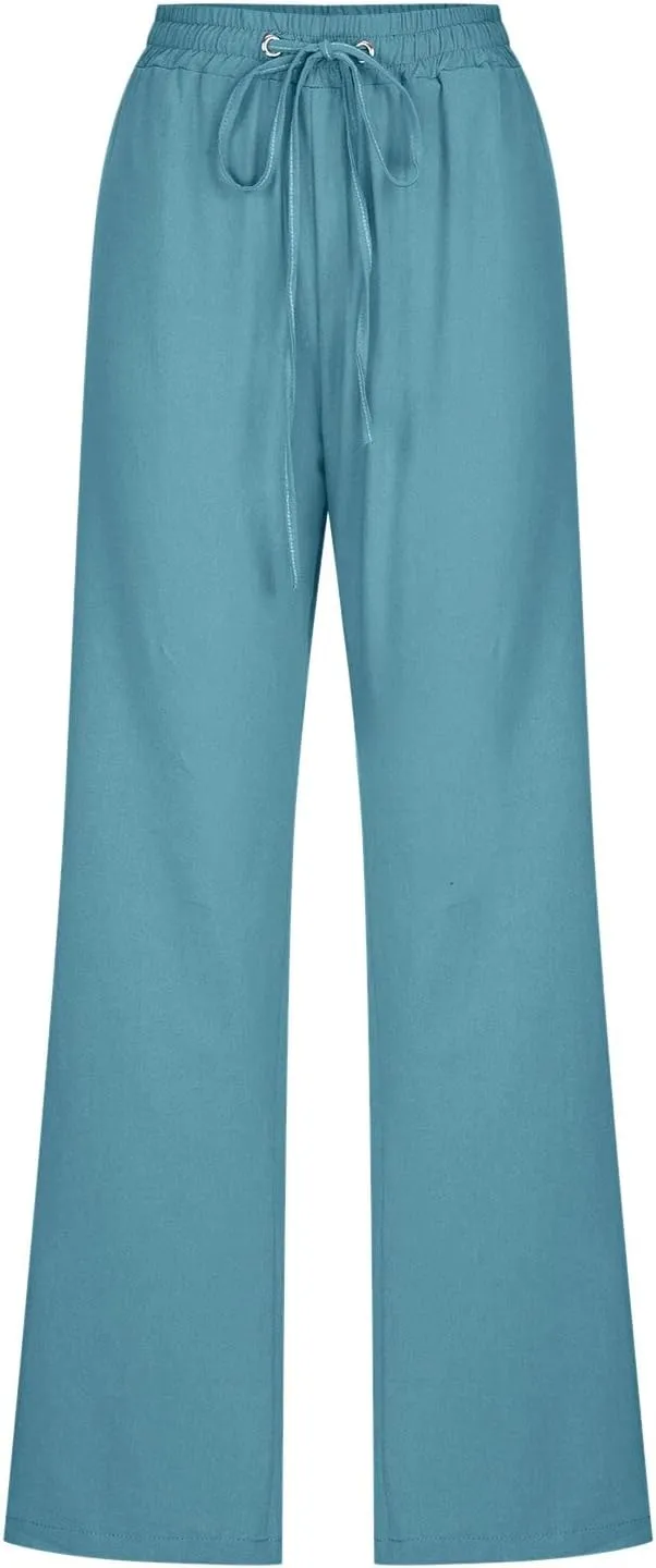 Linen Pants Women Comfy Elastic Waist Long Slim Fit High Waist Palazzo Pants Casual Cotton Lounge Pants with Pockets