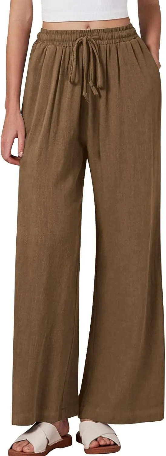 Linen Pants Women Pleated Wide Leg Pants Woman Elastic Waist Drawstring Summer Trousers Flowy Beach Vacation Outfits